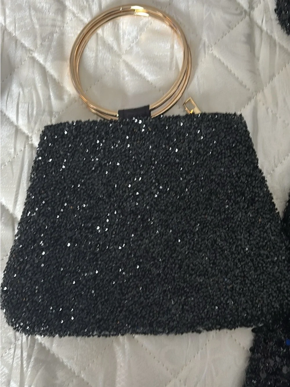 SHEIN Black Sequin Clutch with Gold Ring Handles